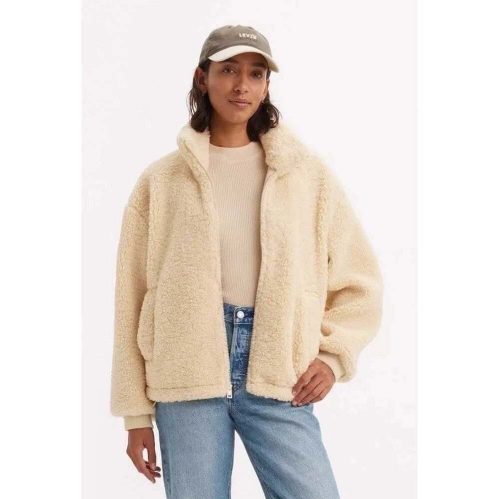 NWT Levi's Women's Teddy Sherpa Zip-Up Jacket In Ivory Color Size XXL